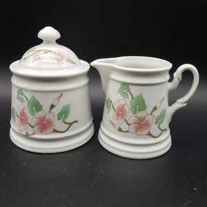 Korean Hand Painted Pink Green Floral Porcelain Cream & Lidded Sugar Set
